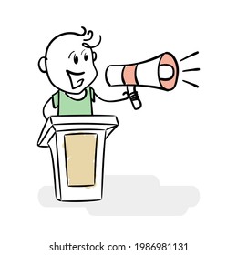 Young orator with megaphone speaking from tribune. Drawing of stick figure man giving a speech on podium. Lecturer speech. Man stands on the stage and speaking or having speech to public or followers.