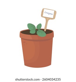 Young oregano plant with fresh green leaves growing in a terracotta flower pot. Wooden garden marker labeled “Oregano” inserted in the soil. For spring planting, eco gardening and culinary use