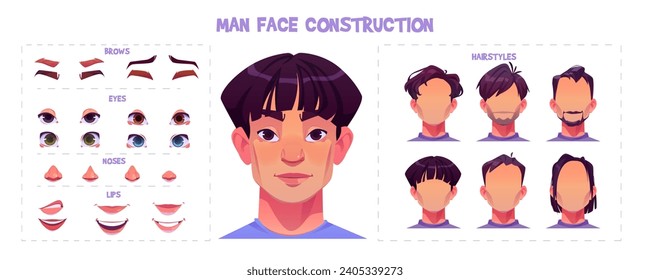 Joven hombre oriental con kit de construcción. Ilustración vectorial de dibujos animados conjunto de partes faciales para la creación avatares masculinos con diferentes emociones, narices y ojos, cejas y peinados. Generador de cabezas de tipo.