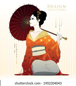 Young, oriental style girl. Vector illustration with golden gradients.