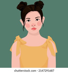 
Young Oriental Teen Girl. In A Yellow Sundress With Bows. Dark Hair With Hairstyle Bunches. Avatar For A Social Network.  Fashion Illustration Isolated On Background. Portrait