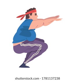 Young Overweight Man Doing Squats, Weight Loss Process, Fat Man Getting Fit Cartoon Vector Illustration on White Background