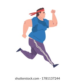 Young Overweight Man Running, Weight Loss Process, Fat Guy Getting Fit Cartoon Vector Illustration on White Background