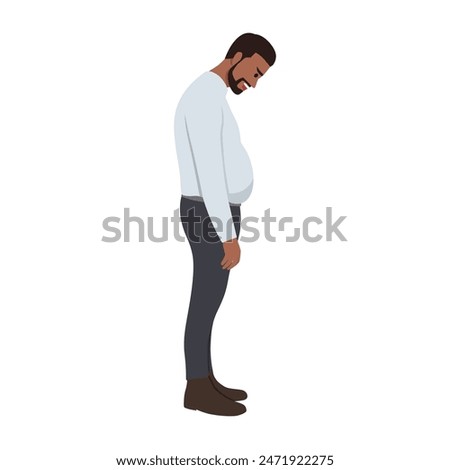 Young overweight man worries about his fat belly. Flat vector illustration isolated on white background