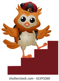 A Young Owl Climbing a Flight of Stairs - Vector