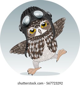 Young owl, cute eagle-owl chick playing a pilot, preparing for the first flight, wearing a helmet, headphones & aviator goggles, balancing, with forest reflection in sunglasses, round green gray badge