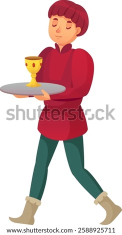 Young page dressed in medieval attire carefully carrying a golden chalice on a silver tray, fulfilling duties in a royal court or monastery setting