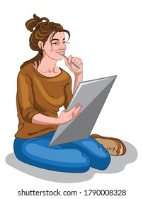Young painter girl in brown sweater and blue jeans thinking about drawing idea. Vector