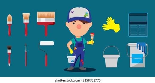 Young painter man in cap standing and hold a paint bucket and paint brush with equipment to work in cartoon character isolated on white background for graphic designer, vector illustration