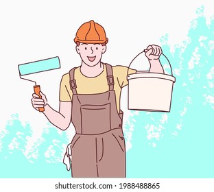 Young painting facade builder worker with roller. Hand drawn in thin line style, vector illustrations.