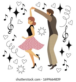 a young pair of dancers in the style of the 50s. a drawing in the style of the cartoon. 
stock vector illustration. EPS 10.