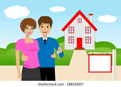 young pair with the key in hands on a background a new house,  vector  illustration