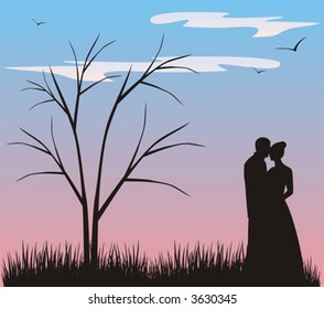Young pair on a date in a secluded place open-air. Very symbolical illustration.
