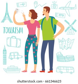Young  pair on vacation making self photo. Including doodle drawings: airplane, ship; suitcase, monuments. Tourism and travel illustration for your design.