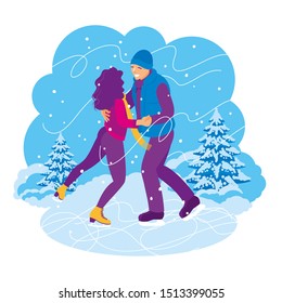 YOUNG PAIR SKATING AND DANCING ON WINTER BACKGROUND