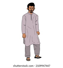Young Pakistani Man wearing shalwar Kameez, kurta. South Asia traditional dress, muslime male cloth vector illustration