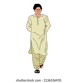 Young Pakistani Man wearing shalwar Kameez, kurta. South Asia traditional dress, muslime male walking cloth vector illustration