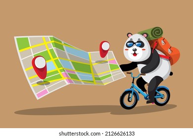 A young panda tourist rides a bicycle touring the city using maps and GPS navigation to reach his destination without getting lost. Flat vector illustration character design