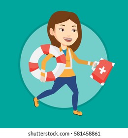Young paramedic running to patient. Paramedic running with first aid box. Emergency doctor running with first aid box and lifebuoy. Vector flat design illustration in the circle isolated on background