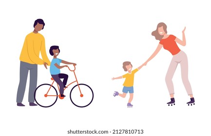 Young Parent with His Kid Teaching Riding Bicycle and Roller Skating Vector Set
