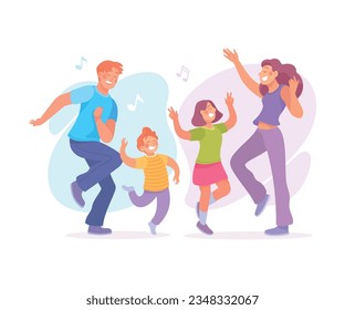 Young Parent with Kids Dancing to Music Moving Body Vector Illustration