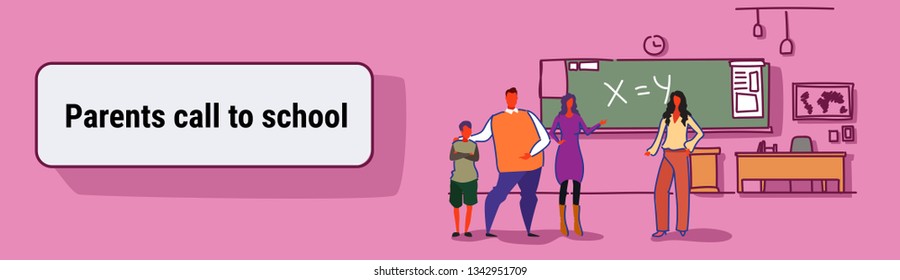 young parent with son at school teacher-parent meeting concept modern classroom interior cartoon characters full length colorful sketch doodle horizontal banner