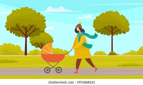 Young parent strolling in park with orange baby stroller. Mother rolls stroller with newborn