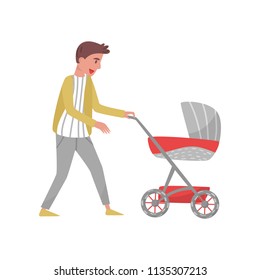 Young parent walking outdoor with baby in stroller. Father and child. Cartoon character of cheerful man. Flat vector design