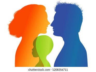 Young parents adopt an African or African American child. Adoption. Vector color profile silhouette