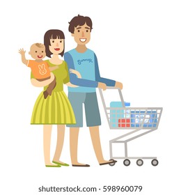 Young Parents With Baby Son Shopping In Supermarket, Illustration From Happy Loving Families Series