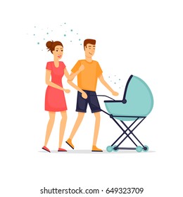 Young parents with a baby in a stroller. Flat vector illustration in cartoon style.