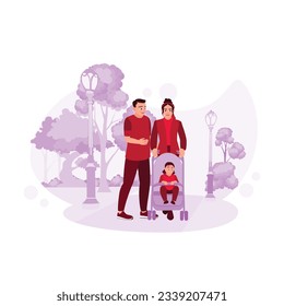 Young parents with a baby in a stroller going for a walk outdoors. Trend Modern vector flat illustration