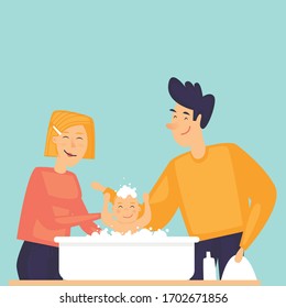 Young parents bathe a child. Hygiene. Flat design vector illustration.