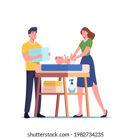 Young Parents Characters Stand at Child Table Change Diapers to Newborn Baby, Happy Dad and Mom Looking with Love on Little Child. Motherhood and Fatherhood Concept. Cartoon People Vector Illustration