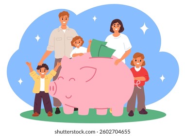 Young parents with children collects money in big piggy bank. Family savings. Wealth deposit. Budget fund. Happy people putting salary into moneybox. Successful