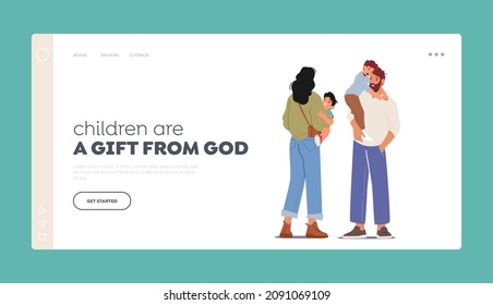 Young Parents with Children Landing Page Template. Mother and Father Loving Happy Family Characters Holding Cute Baby and Toddler Kids on Hands, Hugging, Tenderness. Cartoon People Vector Illustration