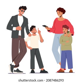 Young Parents with Children. Mother and Father Loving Happy Family Characters Spend Time with Kids, Mom and Dad with Two Sons Laughing and Chatting Together. Cartoon People Vector Illustration