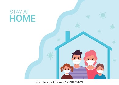 Young parents and children stay at home to prevent from corona virus. Vector illustration in a flat style