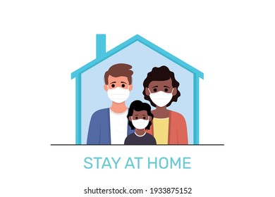 Young parents and children stay at home to prevent from corona virus. Vector illustration in a flat style