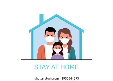Young parents and children stay at home to prevent from corona virus. Vector illustration in a flat style.