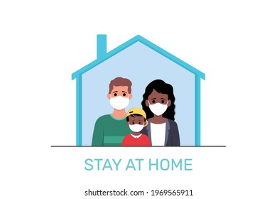 Young parents and children stay at home to prevent from corona virus. Vector illustration in a flat style.