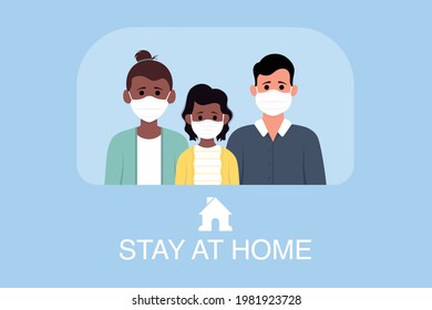Young parents and children stay at home to prevent from corona virus. Vector illustration in a flat style