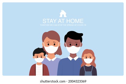 Young parents and children stay at home to prevent from corona virus. Vector illustration in a flat style