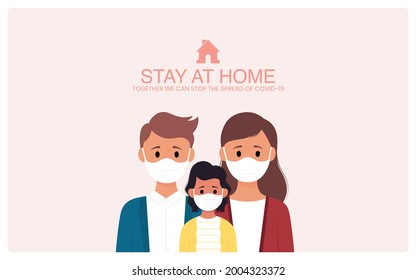 Young parents and children stay at home to prevent from corona virus. Vector illustration in a flat style