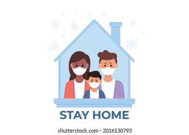 Young parents and children stay at home to prevent from corona virus. Vector illustration in a flat style