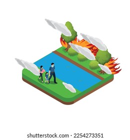 Young parents and children walking from forest fire while wearing face mask 3d isometric vector illustration concept for banner, website, landing page, ads, flyer template