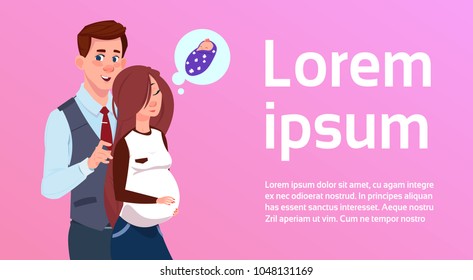 Young Parents Expecting Baby Man Embracing Pregnant Woman Over Background With Copy Space