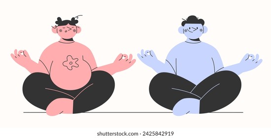 Young parents, family doing prenatal yoga.Concept pregnancy, family, motherhood, parenthood yoga. Hand drawn cartoon style characters.Vector illustration EPS 10