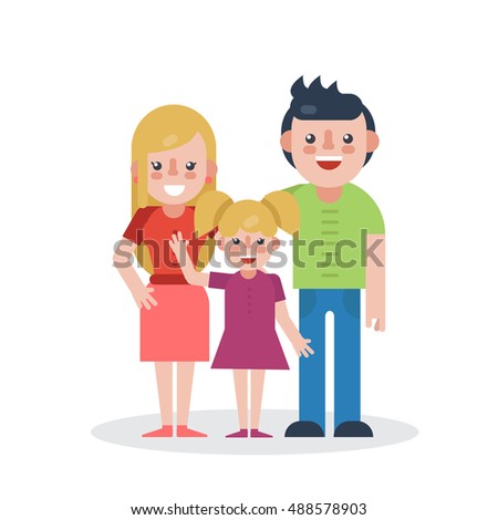 Young parents flat vector illustration. Mother, father and daughter on white background. Family flat style. Family concept illustration. Happy parents and child. People on white background.