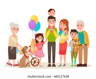 Young parents, funny kids, cute baby, grandmother with pram, cheerful grandfather, dog in collar and cat on boys hands vector illustration.